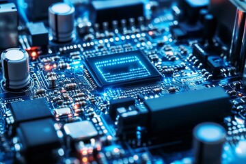 Close-up of a circuit board with a glowing central chip