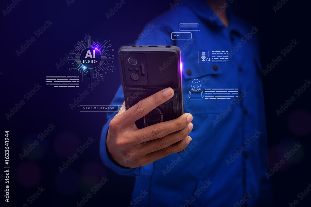 Wall mural man using phone with floating ai interface icons. perfect for mobile technology, artificial intellig
