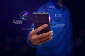 Man using phone with floating AI interface icons. Perfect for mobile technology, artificial intelligence, or digital communication concepts.