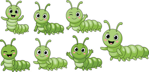 Cute cartoon caterpillar character set, green insect emoji, funny bug expressions, vector illustration for kids, nursery, sticker, mascot design