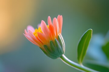Close-up of a delicate, peach-orange flower with yellow center, soft focus