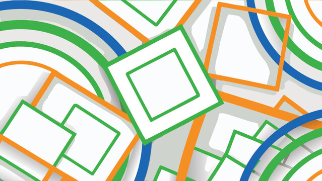 Abstract background with overlapping squares and curved lines in blue green and orange color scheme