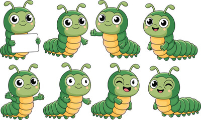 Cute green cartoon caterpillar character set, vector insect emoji illustration, smiling bug mascot for kids, nursery, sticker, educational use