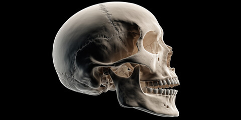 Obraz premium Detailed illustration of human skull in side profile, showcasing anatomical features and bone structure against black background. image highlights intricate details of skull form