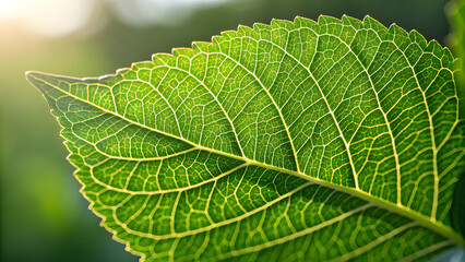 Macro shot of bright green leaf veins and serrated edge