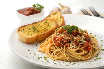 Fototapeta premium Plate of spaghetti with garlic bread and a side of sauce