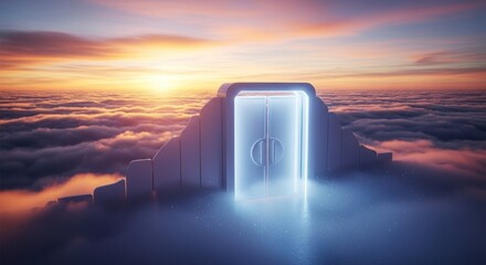 Celestial gateway above the clouds, a luminous portal leading to new horizons and dreams