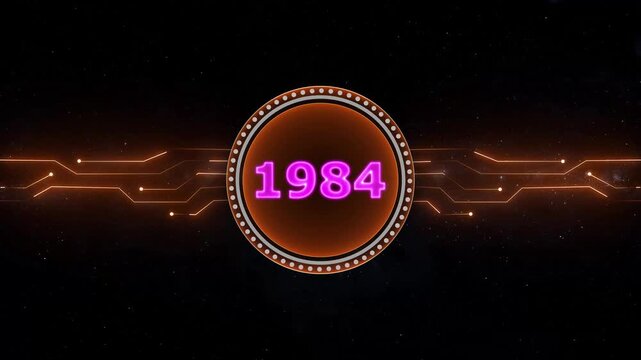 Neon 1984 Sal text with screen effects of technological background. 1984 year neon text concept animation.