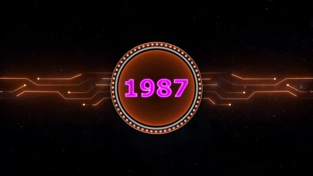 Neon 1987 Sal text with screen effects of technological background. 1987 year neon text concept animation.