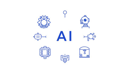 Illustration of a brain surrounded by technology icons, representing artificial intelligence and data processing.