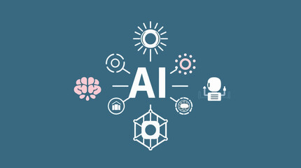 Artificial intelligence concept with brain, sun, robot, and other abstract icons surrounding the 