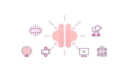 Illustration of a brain connected to various technology elements, symbolizing artificial intelligence and its applications.