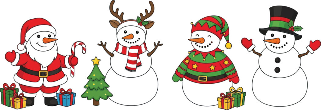 Cartoon illustration of santa snowman reindeer and elf with christmas gifts