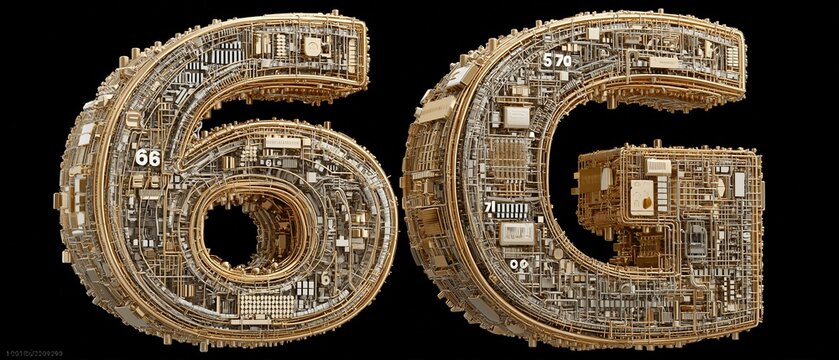6G metallic numbers forming futuristic tech logo on dark circuit board background, symbolizing data transmission and digital innovation