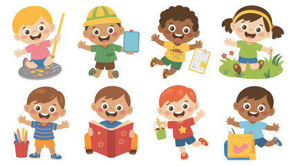Group of happy cartoon kids in various activities, perfect for educational materials, childrens books, and designs that promote learning and fun