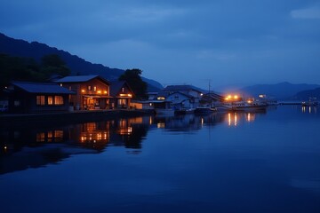 Coastal village at twilight, houses reflected in calm water