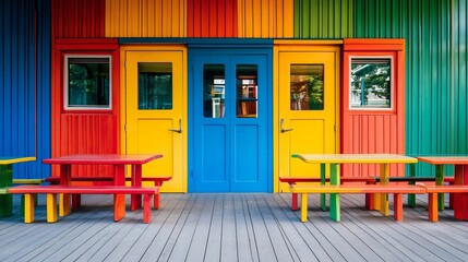 Colorful building facade with vibrant doors and picnic tables