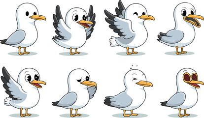 Cartoon seagull characters with emotions, cute funny bird set, white seabird mascot vector illustration for children, comic animal expressions