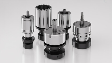 Set of various metal tool holders for industrial machines isolated on white background, showcasing precision engineering and manufacturing