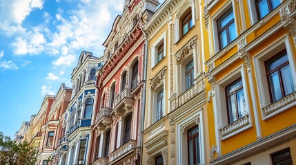 Obraz premium Colorful historic buildings in a row under a partly cloudy sky