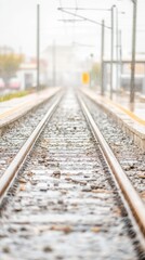 Fototapeta premium Rainy Train Tracks Converging on a Misty Horizon: A Poetic Glimpse of Urban Transit and the Endless Journey Ahead on a Wet Day