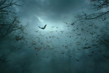 Fototapeta premium Spooky forest filled with bats on Halloween night creating an eerie atmosphere with fog and shadows