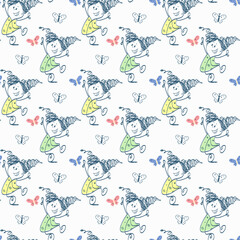 Seamless pattern with dancing girl and butterflies