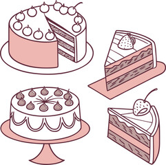 Cute kawaii cake and cupcake illustration with happy faces.

