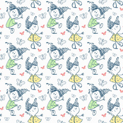 Seamless pattern with dancing girls in different poses and butterflies
