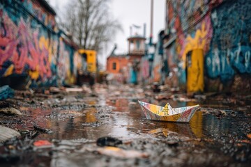 Fototapeta premium Paper boat floating gracefully in a rainy alley surrounded by vibrant graffiti artwork, inviting imaginative journeys through a neglected urban landscape