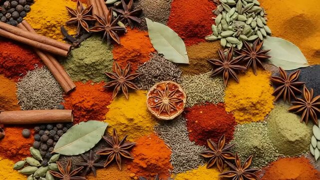 Colorful array of spices with herbs and cinnamon sticks