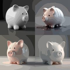Digital renderings of various piggy bank models,  representing different stages of financial circumstances.  They are presented as a comparison in a square grid layout.