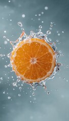 Orange slice splashing into water with droplets