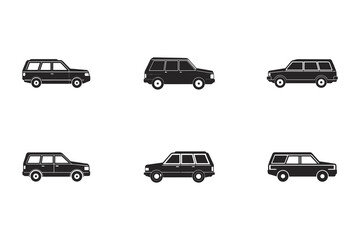 Obraz premium Collection of Black Car Icons Representing Different Classic and Modern Wagon Vehicles on White Background