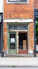 Historic brick building facade with a weathered green door and peeling paint, showcasing urban decay and vintage charm on a city street storefront.