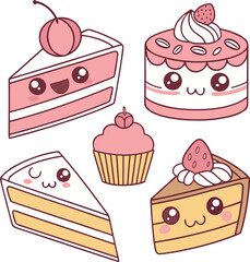 Cute kawaii cake and cupcake illustration with happy faces.


