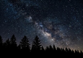 Fototapeta premium Photo of night sky with milky way galaxy over forest silhouette in a tranquil scene