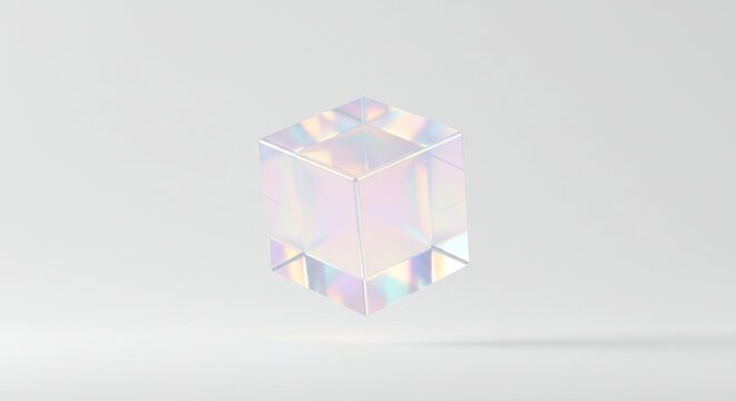 Iridescent Cube Floating: Abstract Geometric Form on White Background