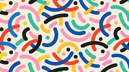 Colorful curved lines and dots pattern on a white background creating a playful design element look