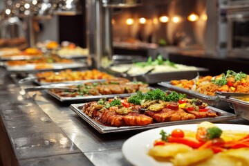Luxurious buffet food display in a hotel catering kit featuring a variety of gourmet dishes during an upscale event