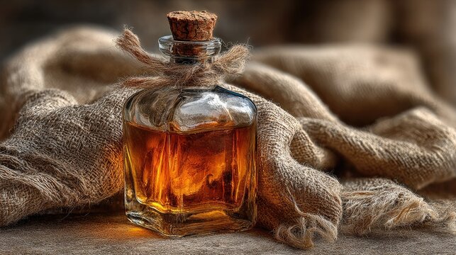 Amber elixir in glass bottle on burlap