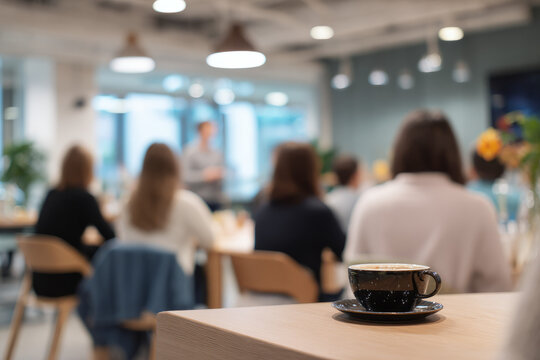 Early morning in a quiet coworking area with soft lighting and fresh coffee A small group is learning about time management The mood is calm and interested