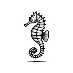 Black and white seahorse illustration with a curled tail marine life ocean creature