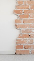 Obraz premium Striking Contrast: Exposed Red Brick Wall Texture with Smooth White Plaster. Rustic Industrial Background for Modern Interior Design & Renovation Projects.