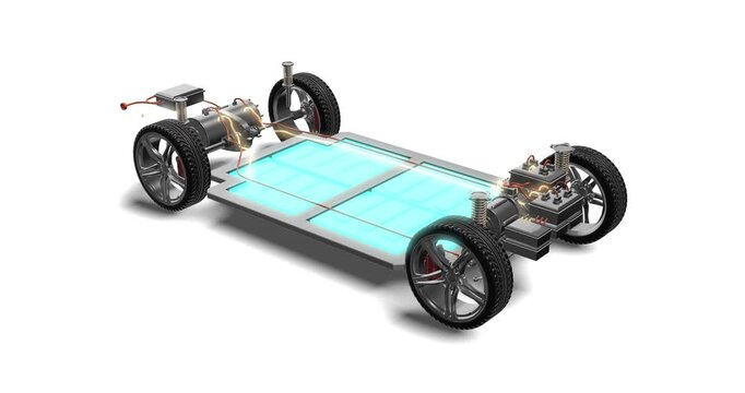 Electric Car Parts Animation Including Battery and Axles. Next Gen Electric Cars Related 3D Animation.