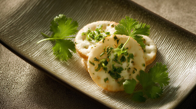 Elegant food styling of Mathri with coriander garnish, served on textured fabric
