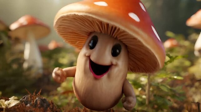 Cheerful Mushroom Character in Sunny Forest Scene
