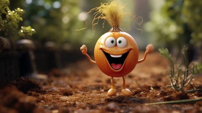 Happy Onion Character Running Through the Garden