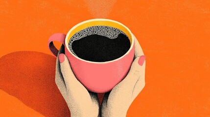 Warm Hands Holding a Steaming Cup of Coffee, Cozy Autumn Vibes, Graphic Design Illustration