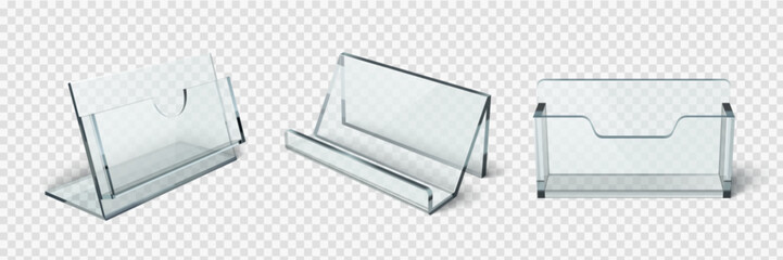 Clear acrylic stand and card holder displays for business cards or signs - transparent desktop organizers with different angles. Professional office accessories for presentations and retail counters.